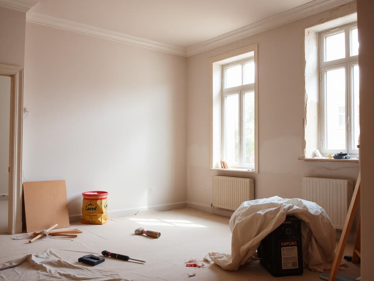 Rum under renovering med nyspacklade väggar och verktyg på golvet